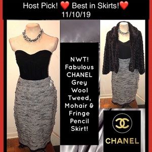 HP! CHANEL ID Grey Wool Tweed Mohair Fringe Skirt!